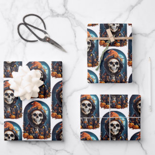 Feuille De Papier Cadeau Squelette déplaisant et Motif Citrouille d'automne
