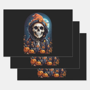 Feuille De Papier Cadeau Squelette éffrayant avec Citrouilles mal