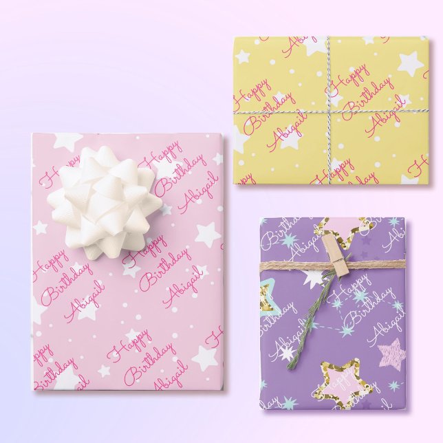 Feuille De Papier Cadeau Star Joyeux anniversaire avec les filles Nom rose  (Créateur téléchargé)