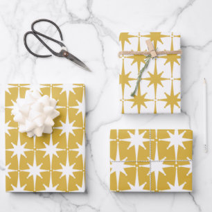Feuille De Papier Cadeau Starburts modernes du Moyen-siècle rétro Blanc mou