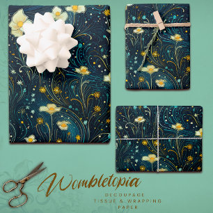 Feuille De Papier Cadeau Starry Garden Blooms Blue, Gold Floral Decoupage