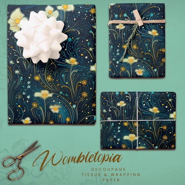 Feuille De Papier Cadeau Starry Garden Blooms Blue, Gold Floral Decoupage (Créateur téléchargé)