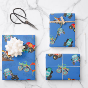 Feuille De Papier Cadeau Stars Monster Camion Aquarelle Anniversaire Bleu