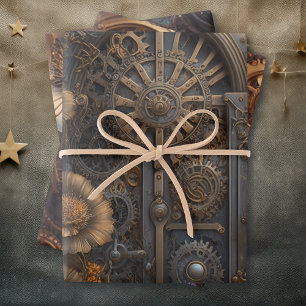 Feuille De Papier Cadeau Steampunk Thème Metal Gears and Flowers Anniversai