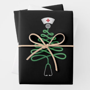 Feuille De Papier Cadeau Stethoscope Sapin de Noël Infirmière Tenue de bloc