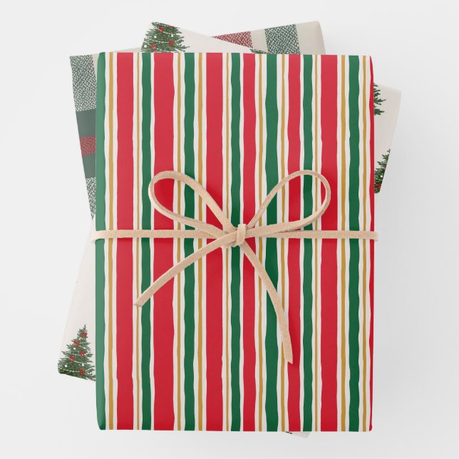 Feuille De Papier Cadeau Striped Christmas Wrapping Paper, Pine Tree (En situation)