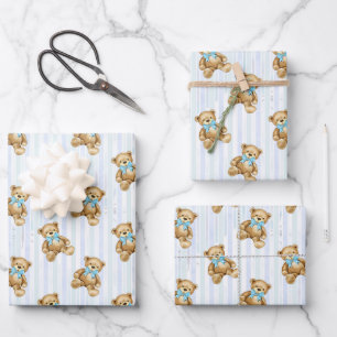 FEUILLE DE PAPIER CADEAU STRIPES BLEUES PASTEL & NOUNOURS DE GARÇON BÉBÉ