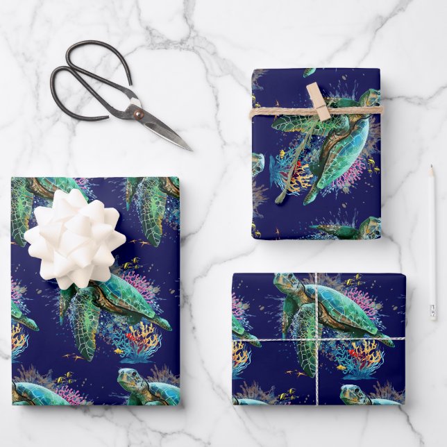 Feuille De Papier Cadeau Style d'aquarelle sous-marine de tortue marine (Recto)