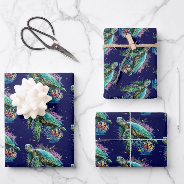 Feuille De Papier Cadeau Style d'aquarelle sous-marine de tortue marine (Recto)