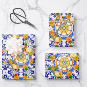 Feuille De Papier Cadeau style sicilien, citrons, majolica