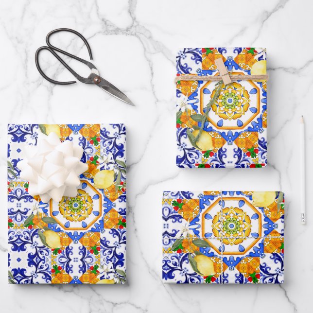 Feuille De Papier Cadeau style sicilien, citrons, majolica (Recto)