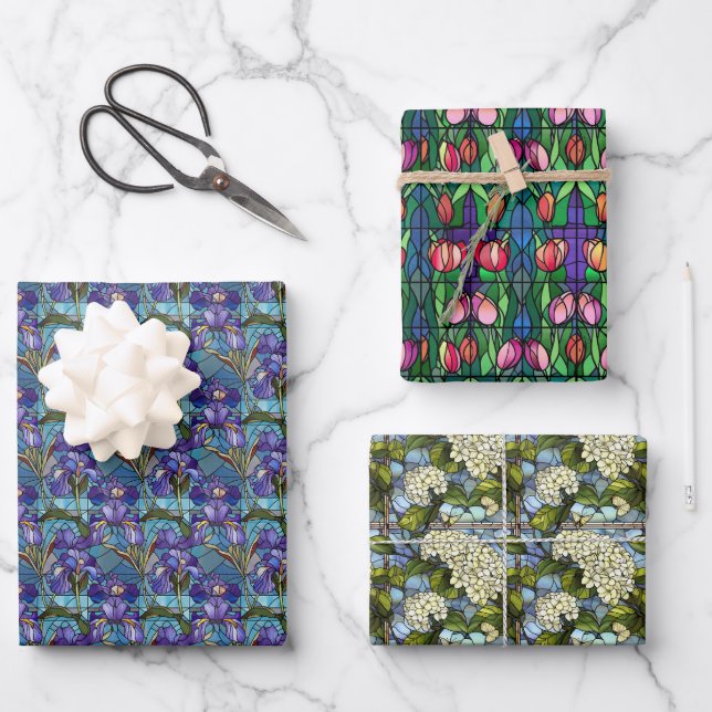 Feuille De Papier Cadeau Style Verre Tiré Floral (Recto)