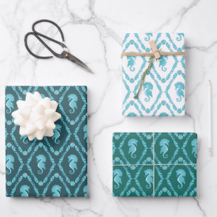 Feuille De Papier Cadeau Stylish Seahorse Blue Nautical Patterned