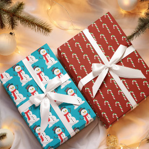 Feuille De Papier Cadeau Sucre de canne, Snowman & Gingerbread
