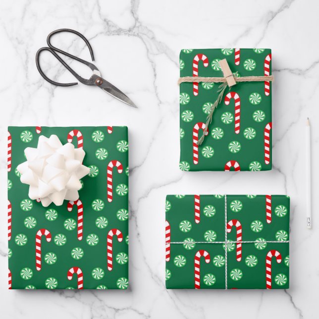 Feuille De Papier Cadeau Sucre de canne vert rouge Noël (Recto)