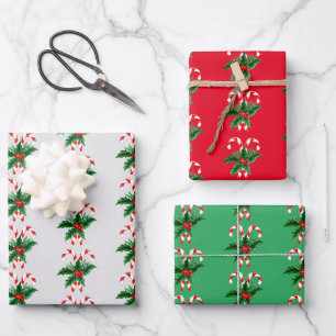 Feuille De Papier Cadeau Sucres de canne de Noël & Holly