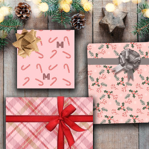 Feuille De Papier Cadeau Sucres de canne Mistletoe Plaid Personnalisé Monog