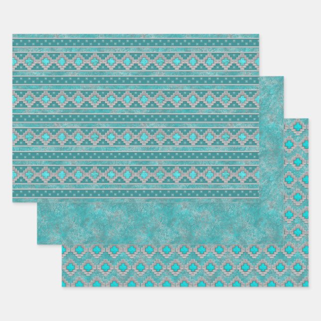 Feuille De Papier Cadeau Sud-ouest Turquoise Motifs géométriques (Lot)