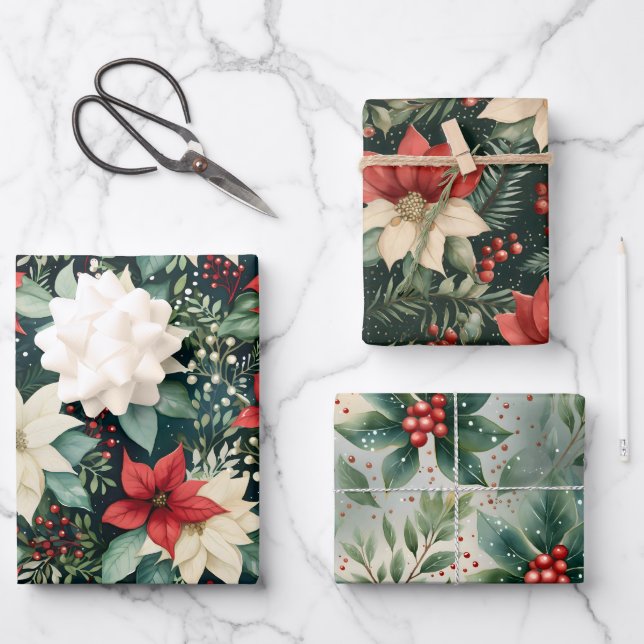 Feuille De Papier Cadeau Superbe Poinsettia coordination de Noël (Recto)