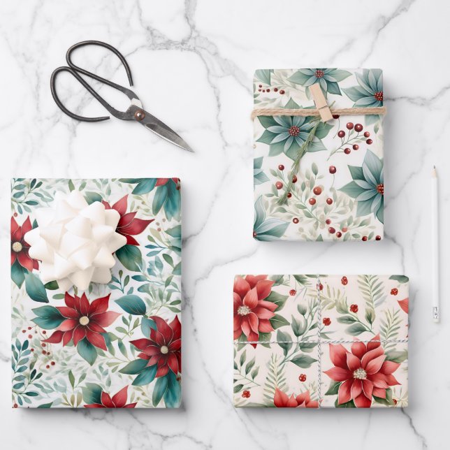 Feuille De Papier Cadeau Superbe Poinsettia coordination de Noël (Recto)