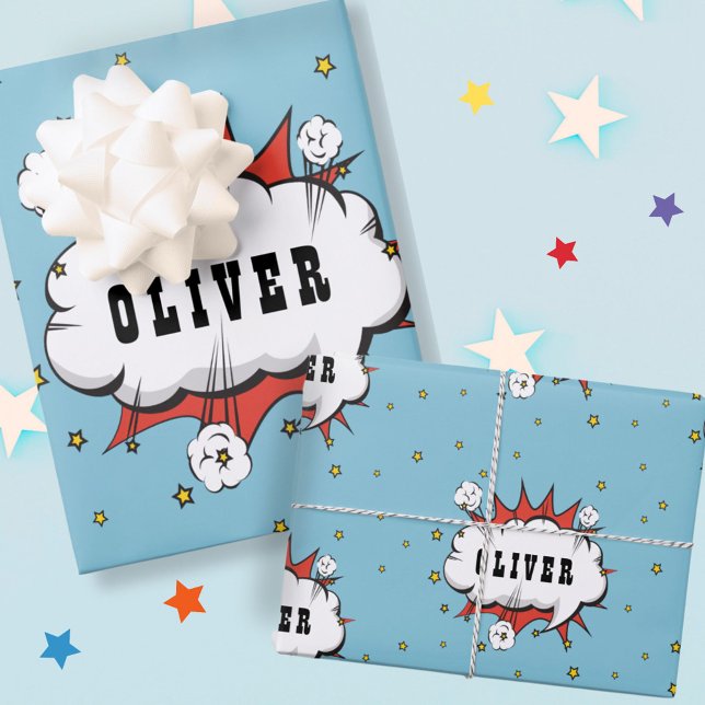 Feuille De Papier Cadeau Superhero Comic Speech Bubble Boy Name (Créateur téléchargé)