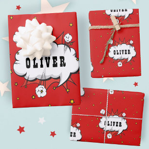 Feuille De Papier Cadeau Superhero Comic Speech Bubble Red Boy Name