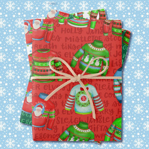 Feuille De Papier Cadeau Sweaters de Noël moches en rouge et vert 3