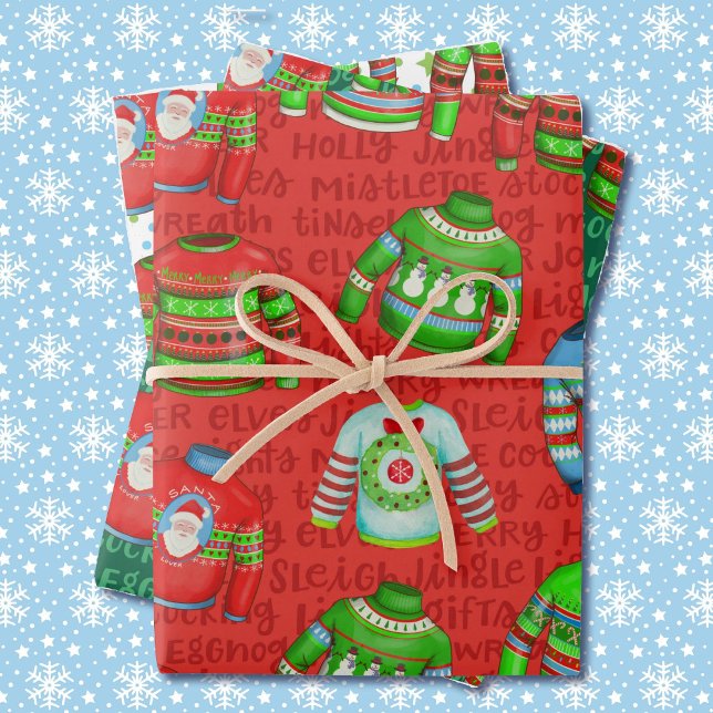 Feuille De Papier Cadeau Sweaters de Noël moches en rouge et vert 3 (Créateur téléchargé)