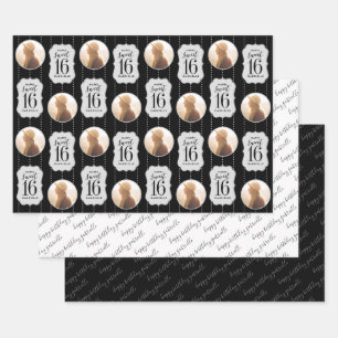 Feuille De Papier Cadeau Sweet 16 Photo personnalisée et nom noir blanc