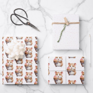 Feuille De Papier Cadeau Sweet Hamster, Cupcake rose Anniversaire des enfan