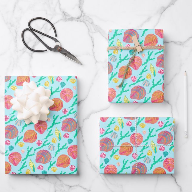 Feuille De Papier Cadeau Sweet Seashells Jolie plage Motif Aqua (Recto)