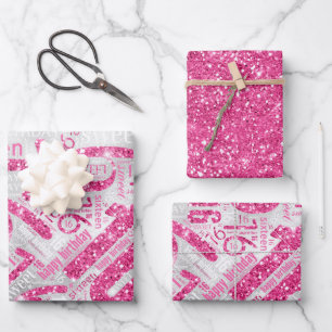 Feuille De Papier Cadeau Sweet sixteen Sparkle Word Cloud rose ID265