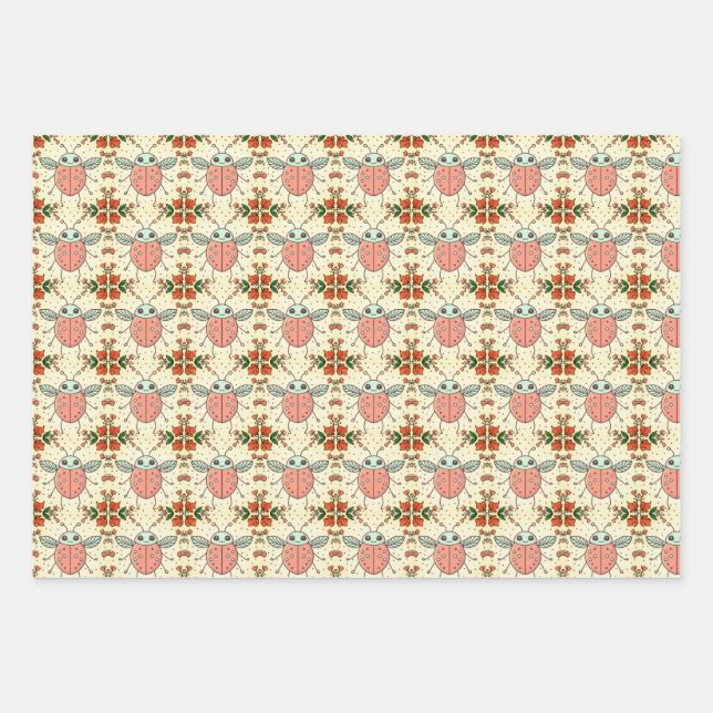 Feuille De Papier Cadeau Sympa Coeurs Ladybug Lovebug Illustration manuscri (Devant)