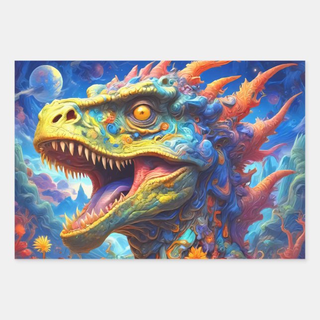 Feuille De Papier Cadeau T-Rex Imaginaire Mondes Dinosaures (Devant)