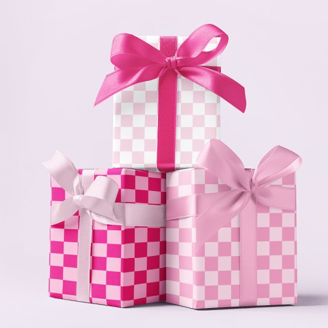 Feuille De Papier Cadeau Tableau de bord rose (Three Pink Checkerboard Wrapping Paper Sheets)