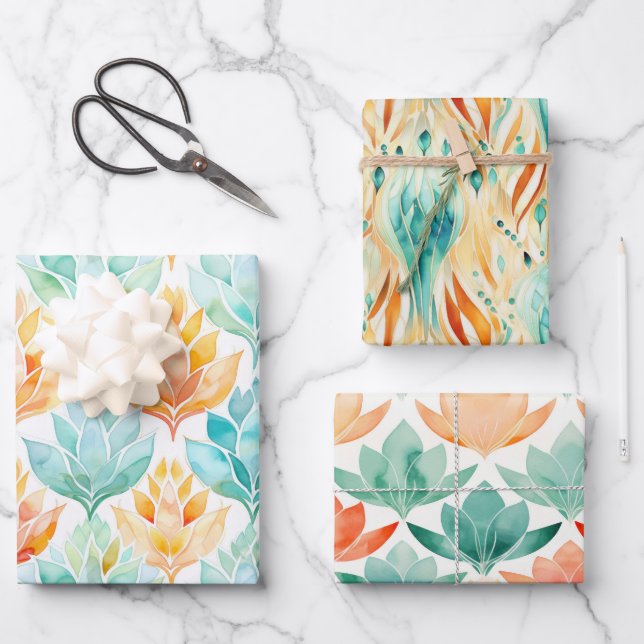 Feuille De Papier Cadeau Tangerine Turquoise Abstrait Bijou Floral (Recto)