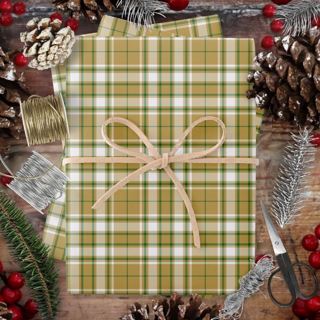Feuille De Papier Cadeau Tartan - Caramel Or-Blanc-Vert (Tartan - Caramel Gold-White-Green Wrapping Paper Sheets by Leapfroglisics Shop)