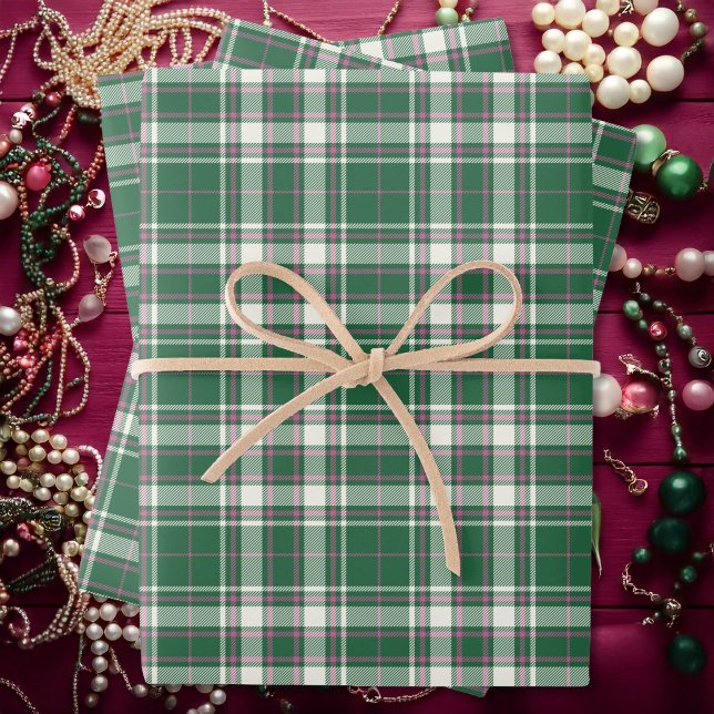 Feuille De Papier Cadeau Tartan - Émeraude vert-ivoire-Rose rose (Tartan - Emerald Green-Ivory-Rose Pink Wrapping Paper Sheets by Leapfroglisics Shop)