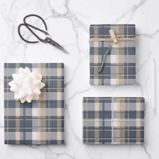 Feuille De Papier Cadeau Tartan - Marine, sable et blanc naturel (Recto)