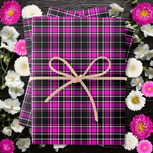 Feuille De Papier Cadeau Tartan - Noir-Chaud Rose-Blanc