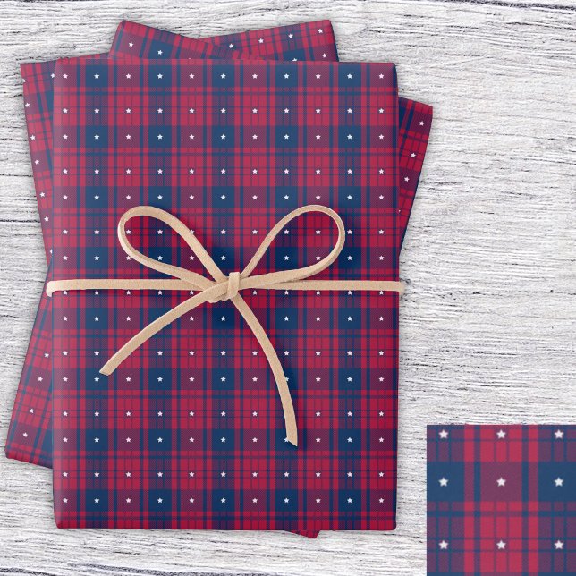 Feuille De Papier Cadeau Tartan - Patriotique - Bleu Rouge Étoiles Blanches (Tartan - Patriotic - Red Blue White Stars Wrapping Paper Sheets by Leapfroglisics Shop)