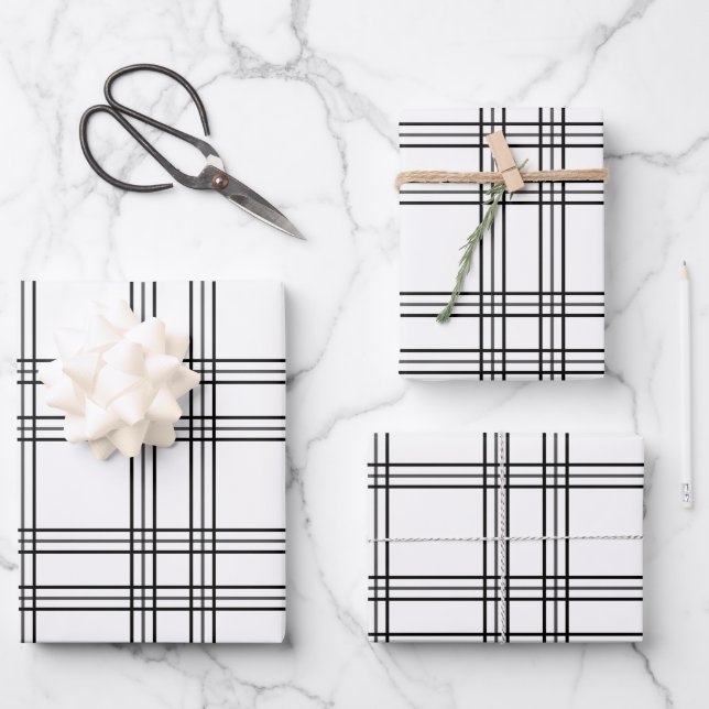 Feuille De Papier Cadeau Tartan Plaid Blanc Avec Lignes Noires (Recto)