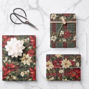 Feuille De Papier Cadeau Tartan Plaid & Red Poinsettia Noël