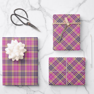 Feuille De Papier Cadeau Tartan rose, or et bleu