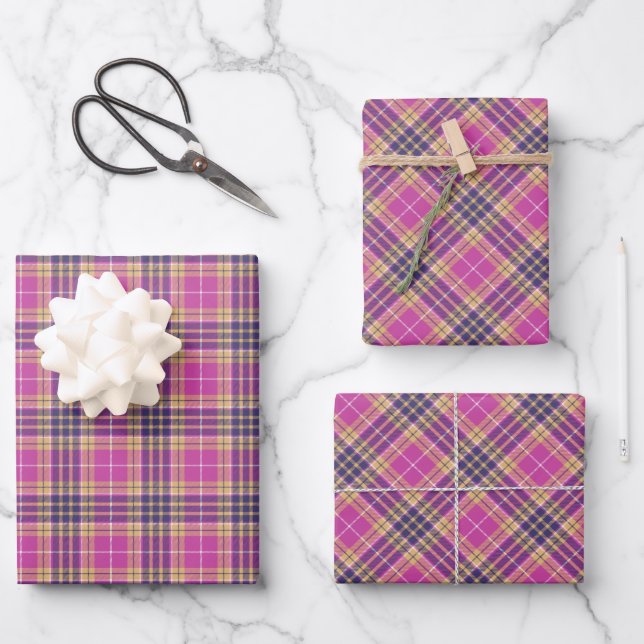 Feuille De Papier Cadeau Tartan rose, or et bleu (Recto)
