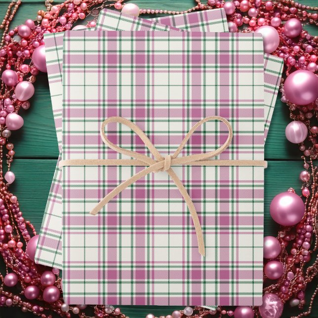 Feuille De Papier Cadeau Tartan - Vert rose-émeraude d'ivoire-Rose (Tartan - Ivory-Rose Pink-Emerald Green Wrapping Paper Sheets by Leapfroglisics Shop)