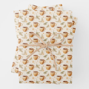 Feuille De Papier Cadeau Tasses à café sur blanc cassé