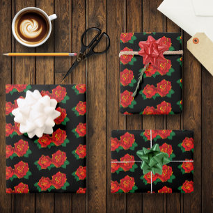 Feuille De Papier Cadeau Tatouage de roses traditionnelles rouges gras noir