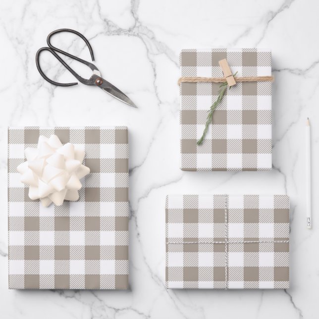 Feuille De Papier Cadeau Taupe Beige Blanc Plaid Motif (Recto)