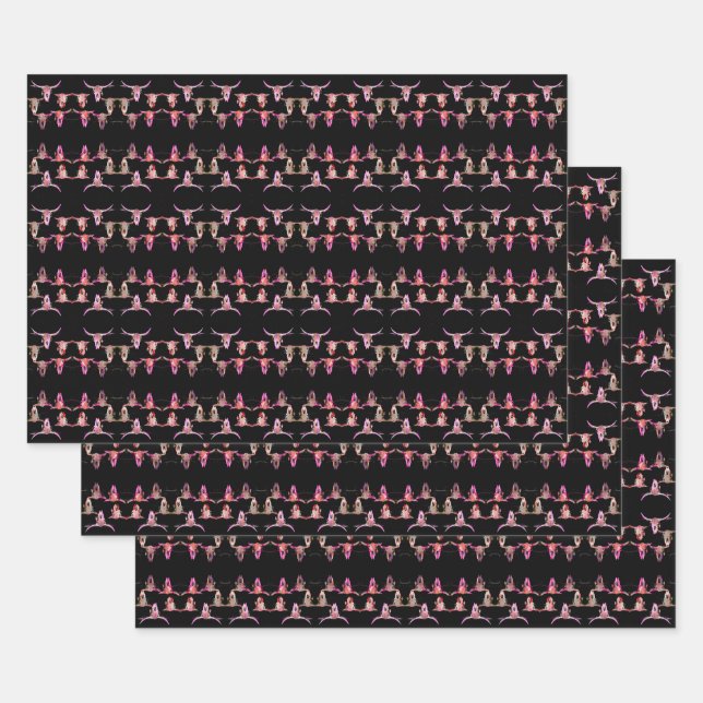Feuille De Papier Cadeau Taureau Pink Brown Ouest Noir Rustique (Lot)